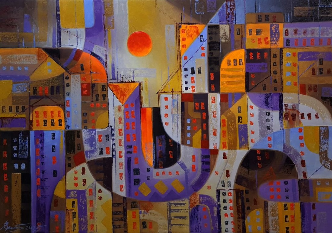 Oil painting Urban sunset Sergey Voichenko: NoVoich 144*** ABOUT THIS PAINTING **** TITLE: "Urban sunset"* ARTISTS: Sergey Voichenko* SIZE: 60x85 cm/'23.62x33.46 inches' * MEDIUM: oil, canvas* HAND PAINTED: Original painting from our collection