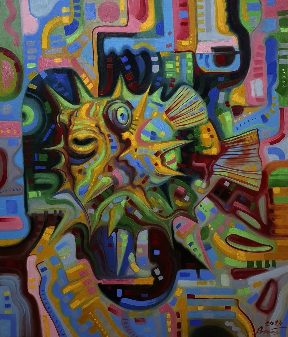 Oil painting Green Electric Fugu Sergey Voichenko: NoVoich 151*** ABOUT THIS PAINTING **** TITLE: "Green Electric Fugu"* ARTISTS: Sergey Voichenko* SIZE: 70x60 cm/'27.55x23.62 inches' * MEDIUM: oil, canvas* HAND PAINTED: Original painting from our col