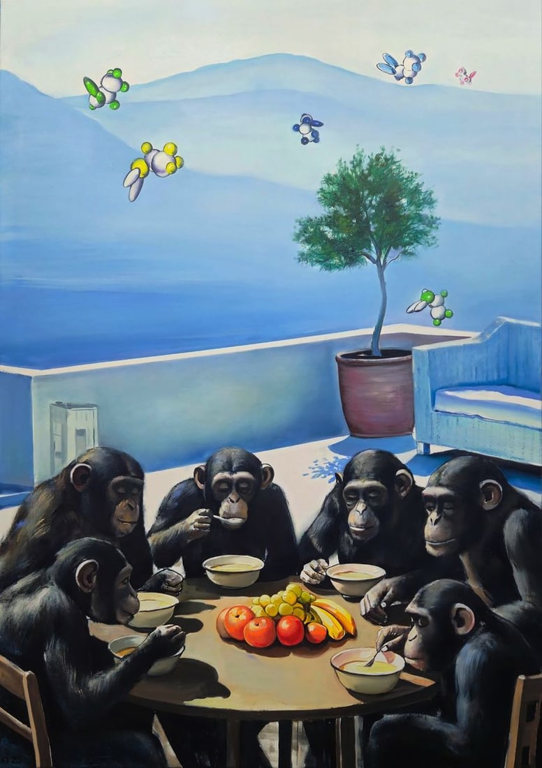 Oil painting Monkeys on vacation Igor Konovalov: NoKon 145*** ABOUT THIS PAINTING **** TITLE: "Monkeys on vacation"* ARTISTS: Igor Konovalov* SIZE: 150x105 cm/'59.05x41.33 inches' * MEDIUM: oil, canvas* HAND PAINTED: Original painting from our