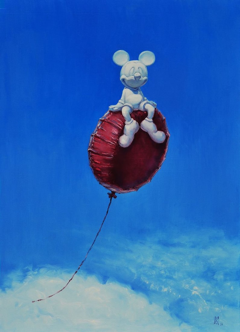 Oil painting Hot air balloon flight Oleg Kateryniuk: NoKat 67The Oil painting Canvas titled "Hot air balloon flight" presents a surreal and thought-provoking vision that merges childhood innocence with unsettling undertones of consumer culture and