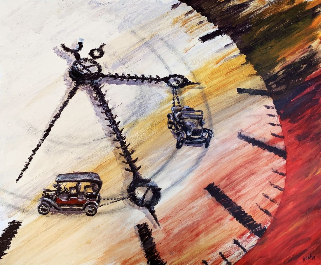 Oil painting What kind of arrows did I get Dmitry Arkadyev: NoAAA3589The painting titled "What Kind of Arrows Did I Get" is an imaginative and thought-provoking oil on cardboard piece that combines elements of surrealism and symbolism to explore the passage