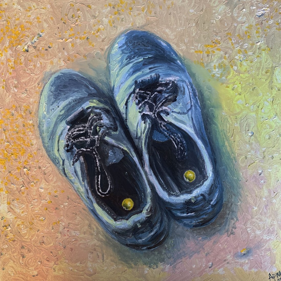Oil painting Five coins for happiness Dmitry Arkadyev: NoAAA3591The painting titled "Five Coins for Happiness" is an evocative and symbolic piece rendered in oil on canvas. It features a pair of well-worn, sturdy shoes placed on a textured surface bathed