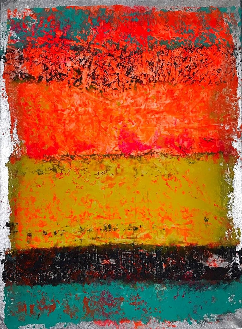 Acrylic painting A treat for my eyes Olga Melezhik: NoMel 69"A Treat for My Eyes" by Olga Melezhik is a vibrant abstract painting that uses bold, layered colors to evoke a sense of joy and warmth. The work features broad bands of intense red, orange, y