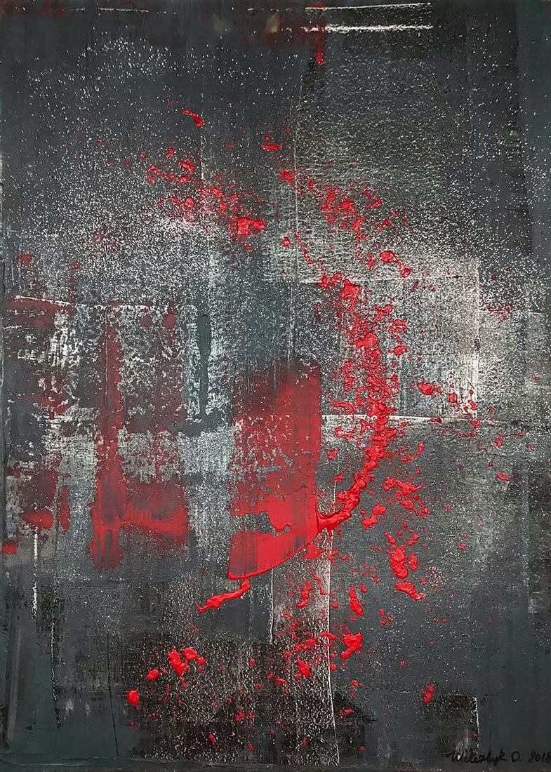 Acrylic painting Night melody Olga Melezhik: NoMel 71"Night Melody" by Olga Melezhik is an abstract exploration of contrast and intensity. The painting is predominantly dark, evoking the stillness and mystery of night, while vibrant strokes and 