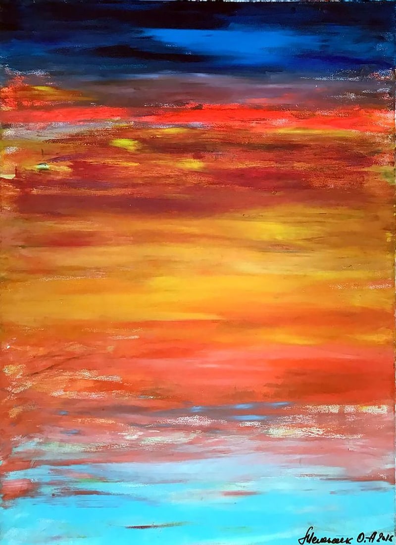 Acrylic painting Window Olga Melezhik: NoMel 72"Window" by Olga Melezhik is a vibrant abstract work that captures a moment of warmth and serenity, resembling a sunset viewed through a window. The painting features layers of fiery reds, ora