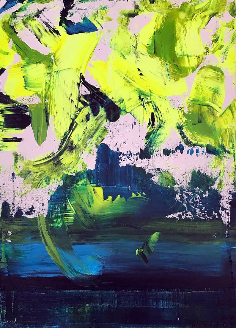 Acrylic painting Orgasmic life Olga Melezhik: NoMel 73"Orgasmic Life" by Olga Melezhik is a dynamic and vibrant abstract piece characterized by its energetic brushstrokes and bold color contrasts. The painting bursts with neon yellows and lush gr