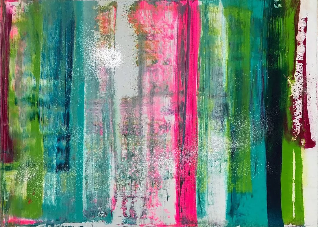 Acrylic painting Flow Olga Melezhik: NoMel 77The abstract painting "Flow" by Ukrainian artist Olga Melezhik conveys a dynamic sense of movement and energy through vibrant colors and layered textures. The vertical lines in shades of teal,