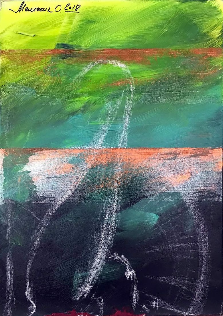 Acrylic painting Joy Olga Melezhik: NoMel 80In "Joy," Olga Melezhik uses vibrant green and warm orange tones layered over darker hues to evoke an uplifting, energetic atmosphere. The abstract lines and textures suggest movement and ligh