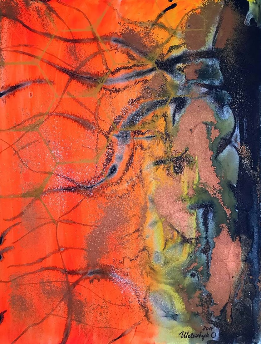 Acrylic painting The candle was burning Olga Melezhik: NoMel 82In "The Candle Was Burning," Olga Melezhik presents a captivating composition filled with intense reds, oranges, and dark contrasting shadows. The swirling, almost ethereal shapes evoke the fl
