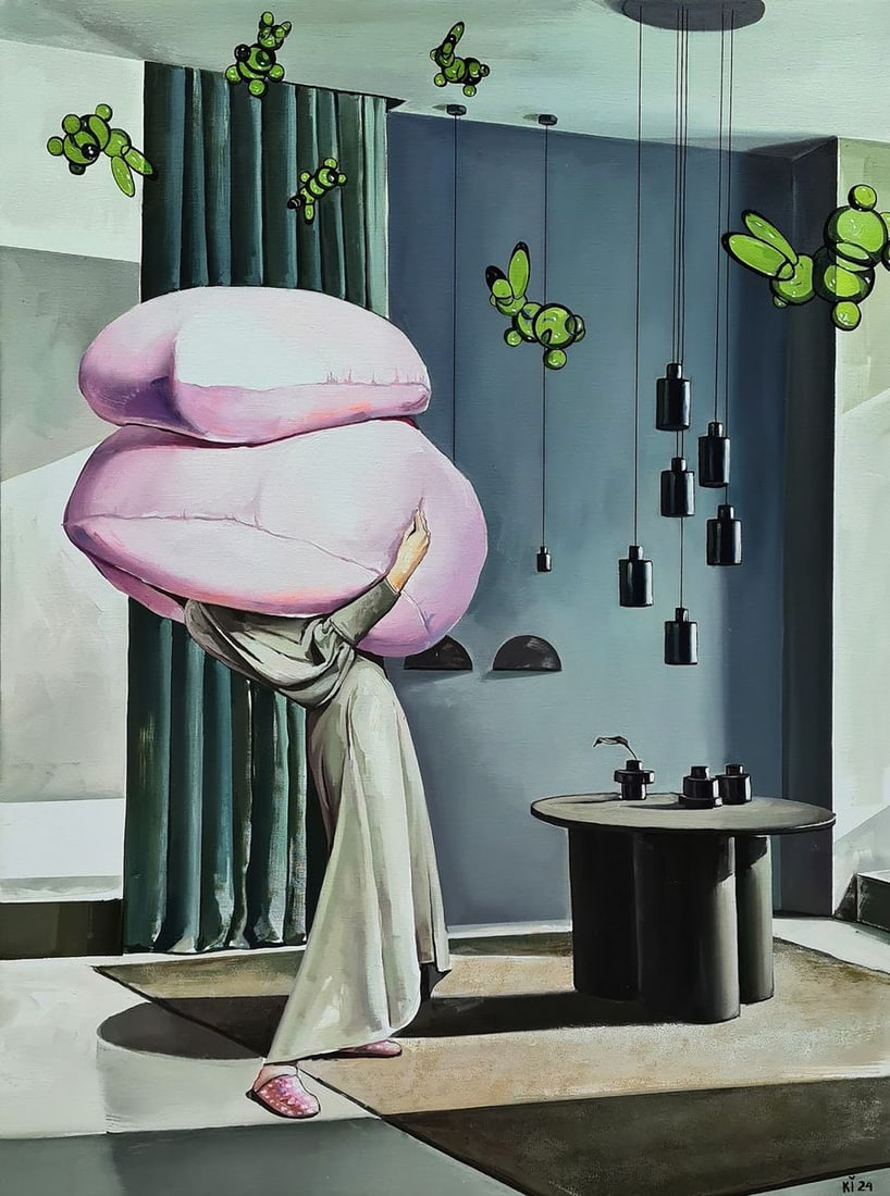 Oil painting Sunday afternoon Igor Konovalov: NoKon 105The painting "Sunday Afternoon" by Ukrainian artist Igor Konovalov depicts a surreal and contemplative scene. Here, a woman is shown holding an oversized, stack of macaron-shaped cushions in