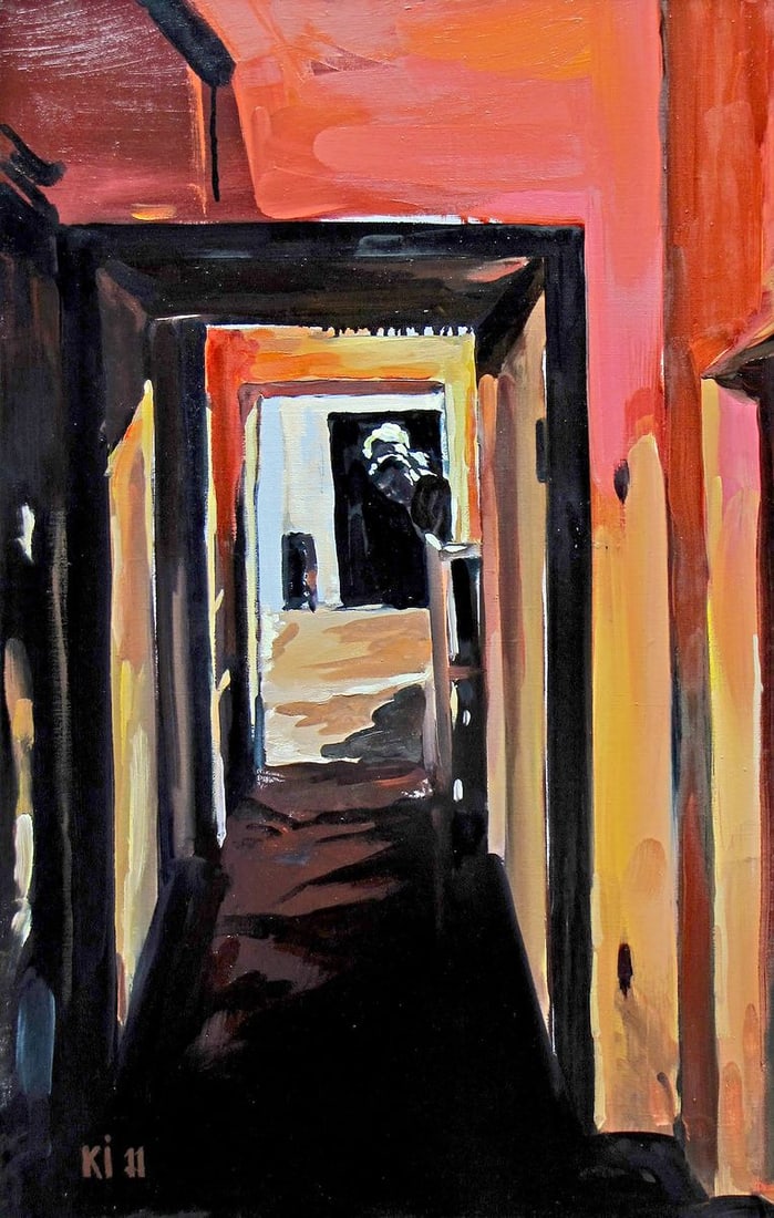 Oil painting Who's there Igor Konovalov: NoKon 117"Who's there?" by Ukrainian artist Igor Konovalov is a captivating exploration of space and perspective through the medium of paint. The work depicts a sequence of doorways leading into