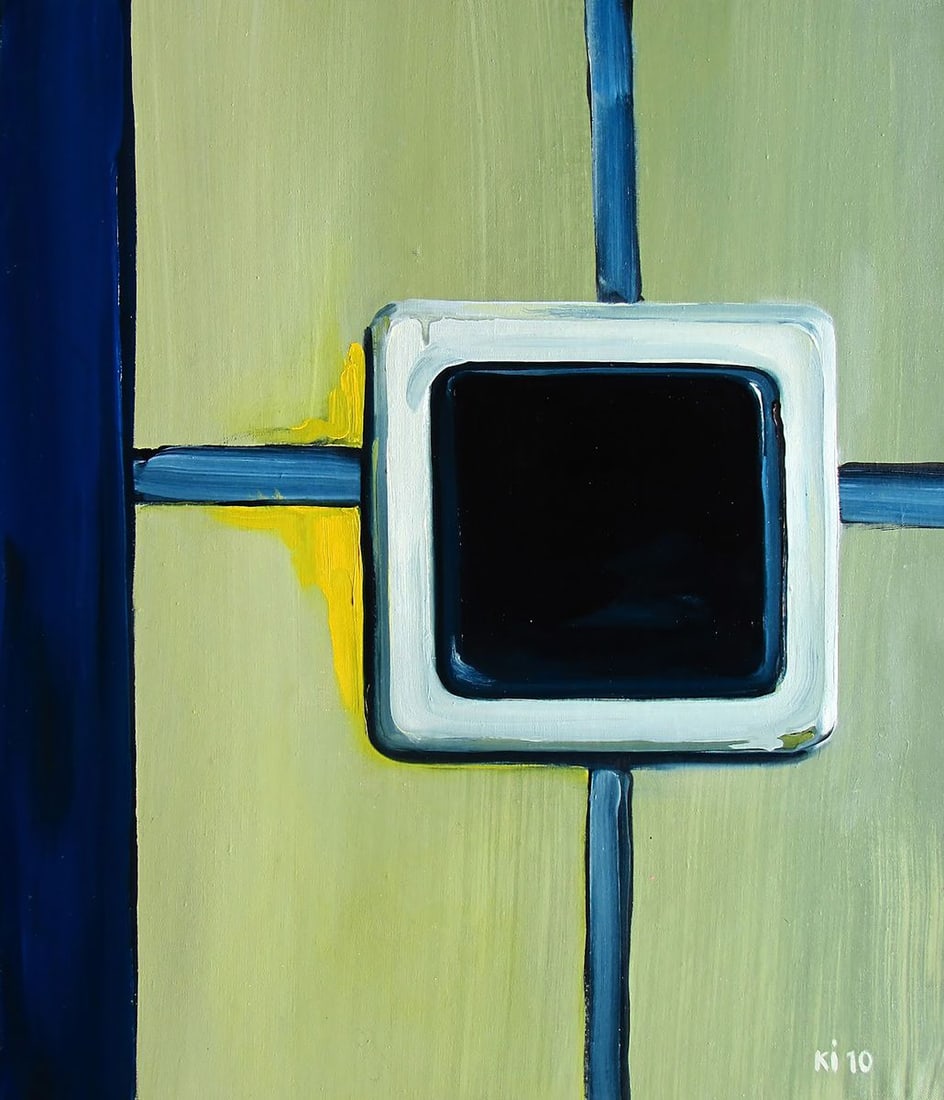 Oil painting Button in the room Igor Konovalov: NoKon 120"Button in the Room" by Ukrainian artist Igor Konovalov is a minimalist yet striking painting that zooms in on an everyday object-a button-set against a geometric backdrop of contrasting colo