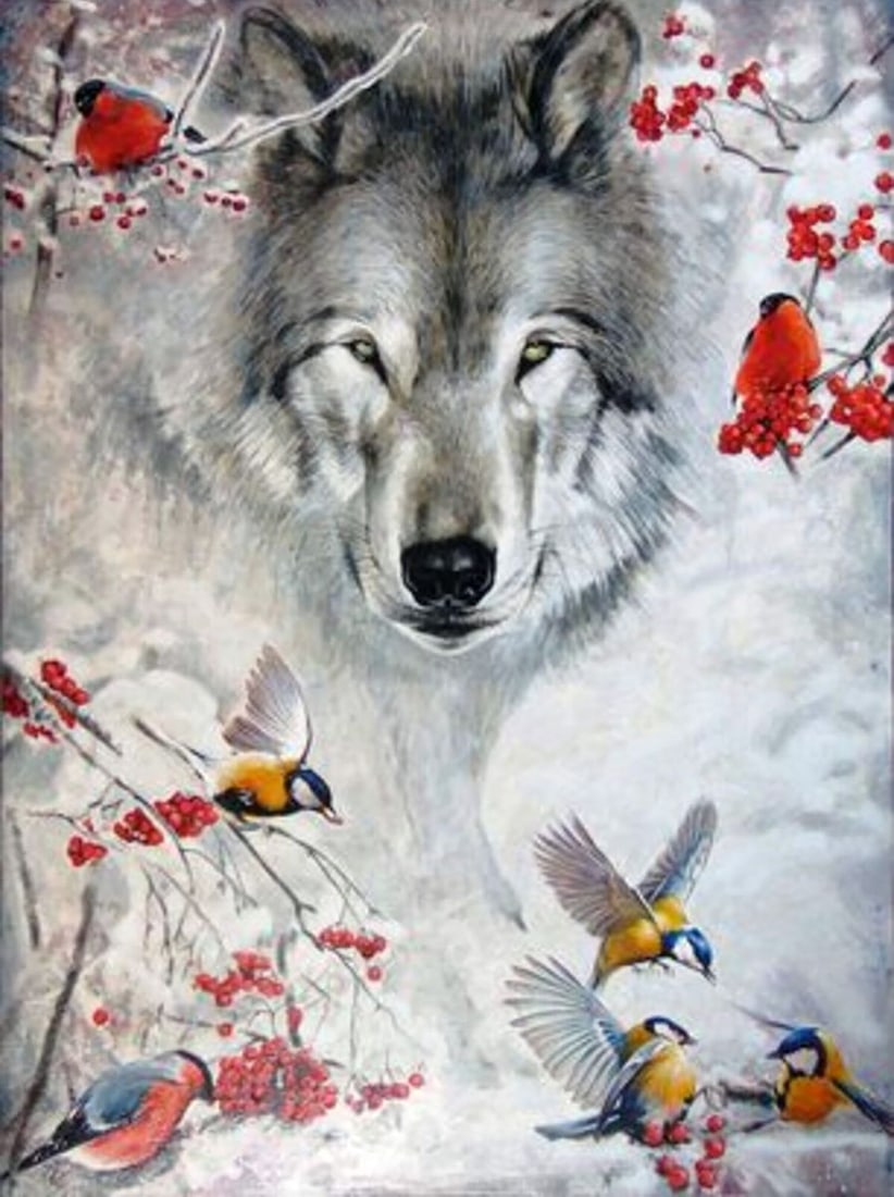 Oil painting The look of the wolf Goncharenko S.: NoGonch 15The oil painting "The Look of the Wolf" portrays a captivating scene where the wilderness is embodied by the central figure of a wolf, surrounded by the delicate beauty of winter and the
