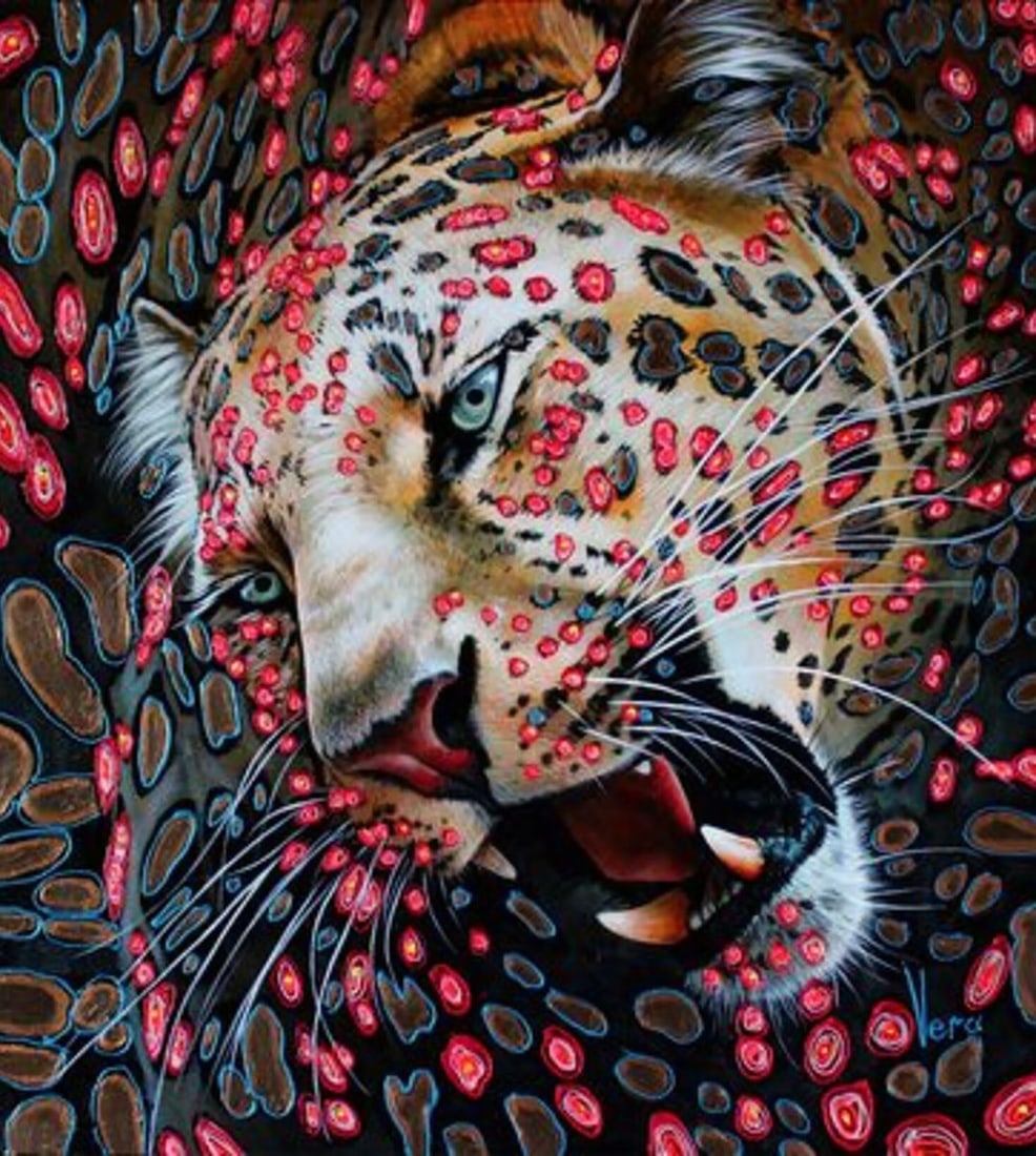 Oil painting Roaring Goncharenko V. V.: NoGonch 17The oil painting "Roaring" is a dynamic and expressive portrait of a leopard. The leopard is depicted in mid-roar, its mouth wide open and its fangs bared. Its eyes are narrowed and its