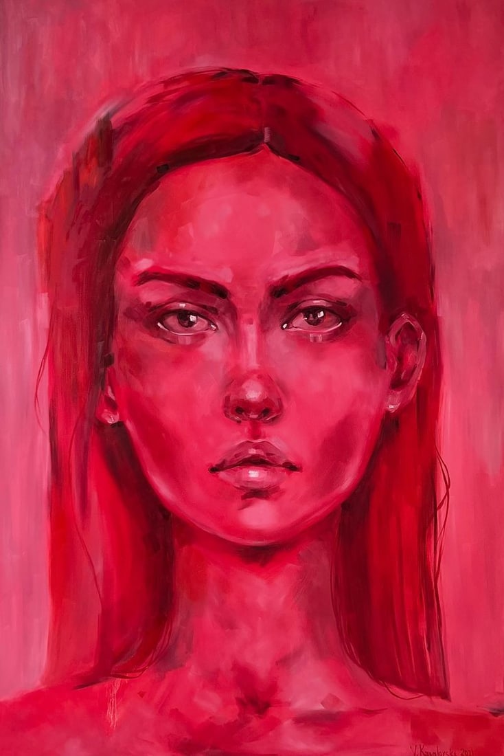 Oil painting Doubt Victoria Kagalovska: NoKagal 1This painting shows deep doubt on the girl's face. The red color focuses all attention on the emotions.*** ABOUT THIS PAINTING **** TITLE: "Doubt"* ARTISTS: Victoria Kagalovska* SIZE: 100x150