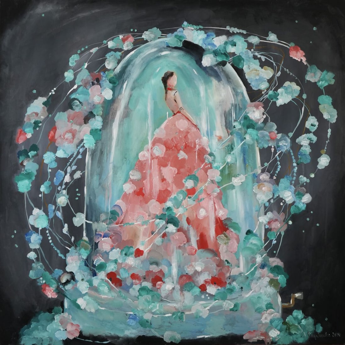 Oil painting Doll Victoria Kagalovska: NoKagal 16A picture about inner feelings. When the world sees you as a beautiful doll, in a beautiful dress, in flowers and wealth. And about the feeling that you lose face, become a nobody, you are k