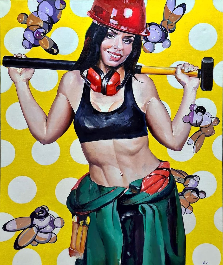 Oil painting Girl with a hammer Igor Konovalov: NoKon 31*** ABOUT THIS PAINTING **** TITLE: "Girl with a hammer"* ARTISTS: Igor Konovalov* SIZE: 135x110 cm/'53.14x43.30 inches' * MEDIUM: oil, canvas* HAND PAINTED: Original painting from our collect