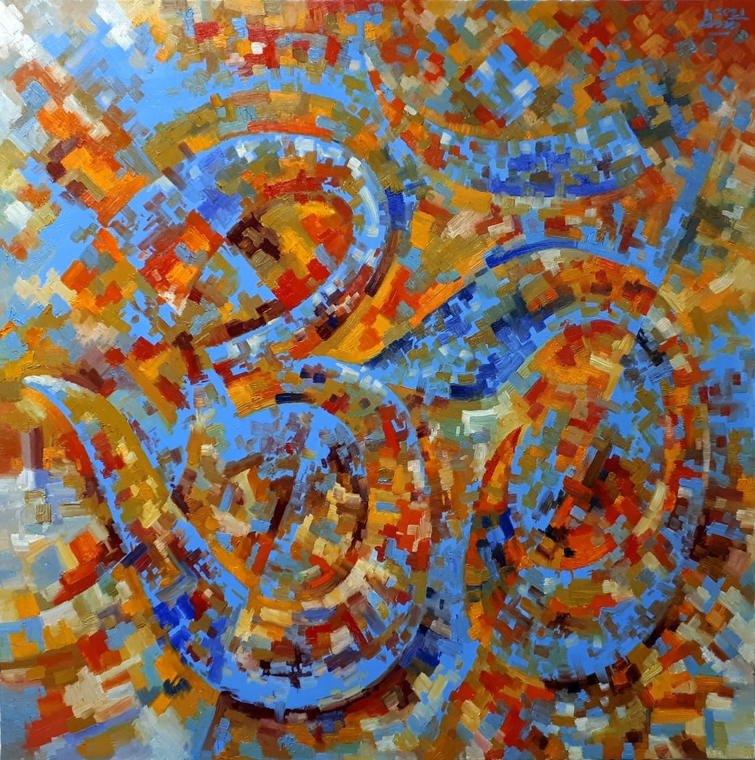 Oil painting OM Sergey Voichenko: NoVoich 67"OM" is an abstract oil painting that visually interprets the sacred sound and spiritual symbol in Hinduism and Buddhism. The painting is a kaleidoscope of warm oranges, calming blues, and