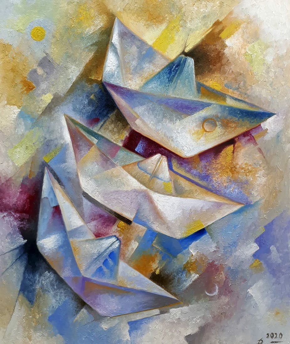 Oil painting Paper boats Sergey Voichenko: NoVoich 68"Paper Boats" is an abstract oil painting that captures the simple yet profound beauty of origami paper boats, seemingly afloat on an undefined ethereal surface. The painting uses a palette 