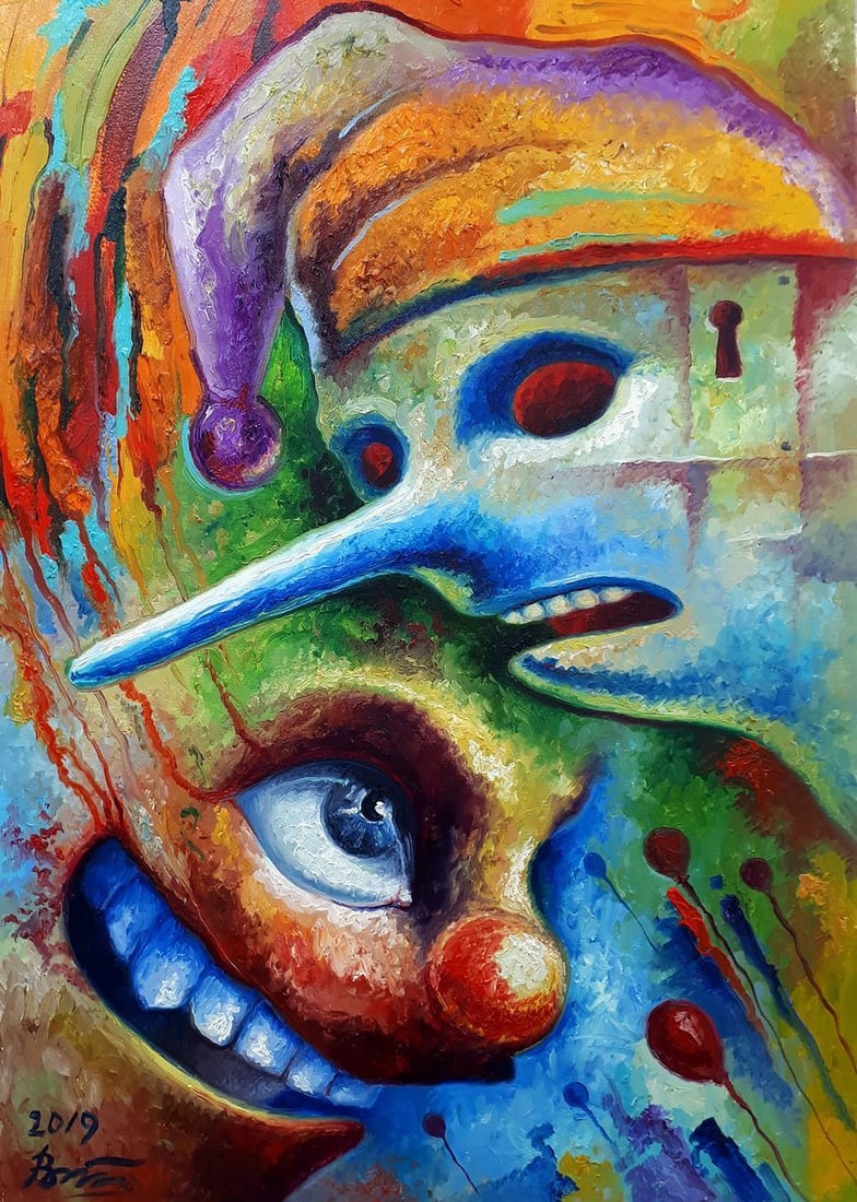 Oil painting Pinocchio and the red-haired clown Sergey Voichenko: NoVoich 70This vibrant abstract oil painting, titled "Pinocchio and the red-haired clown," presents a fantastical and vivid portrayal of the classic character of Pinocchio intermingled with the whimsi