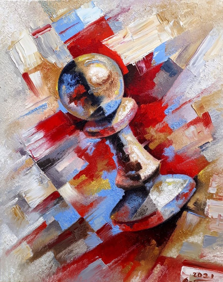 Oil painting Pawn Sergey Voichenko: NoVoich 71This compelling abstract oil painting, titled "Pawn," captivates with its rich textures and bold contrasts, presenting an almost cubist portrayal of the humblest yet potentially powerful