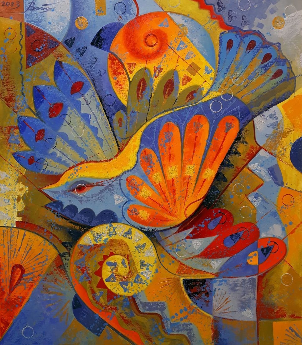 Oil painting Bird of the sun Sergey Voichenko: NoVoich 76This oil painting, titled "Bird of the Sun," is a captivating abstract that bursts with the warmth and vibrancy of solar hues. The canvas is a riot of oranges, yellows, and blues, evoking th
