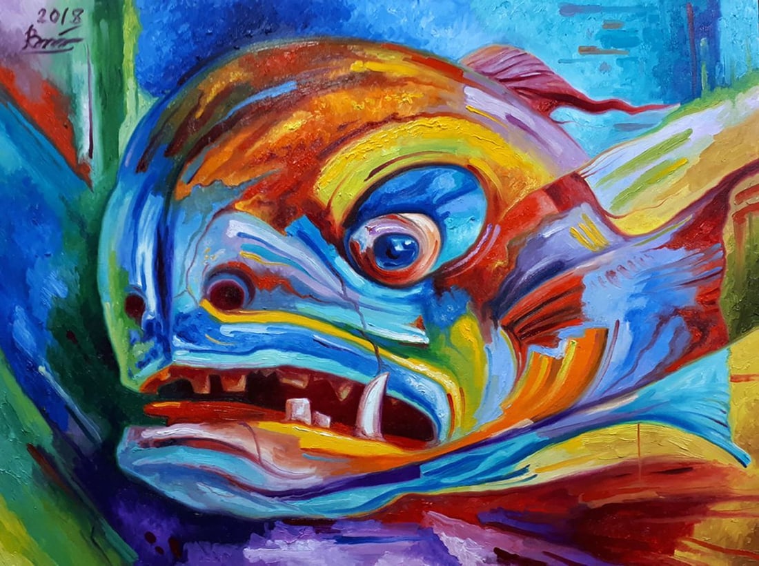 Oil painting Rainbow Sergey Voichenko: NoVoich 77This oil painting, aptly named "Rainbow," is a vividly colorful portrayal of a fish, captured in a swirl of abstract and dynamic brushwork. The creature's form is a blend of exaggerated