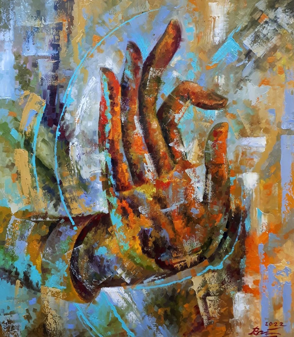 Oil painting Buddha's hand Sergey Voichenko: NoVoich 80"Buddha's Hand" is an abstract oil painting that captures the essence of tranquility and the symbolic reach of spiritual enlightenment. The painting is rich with warm earthy tones, from deep
