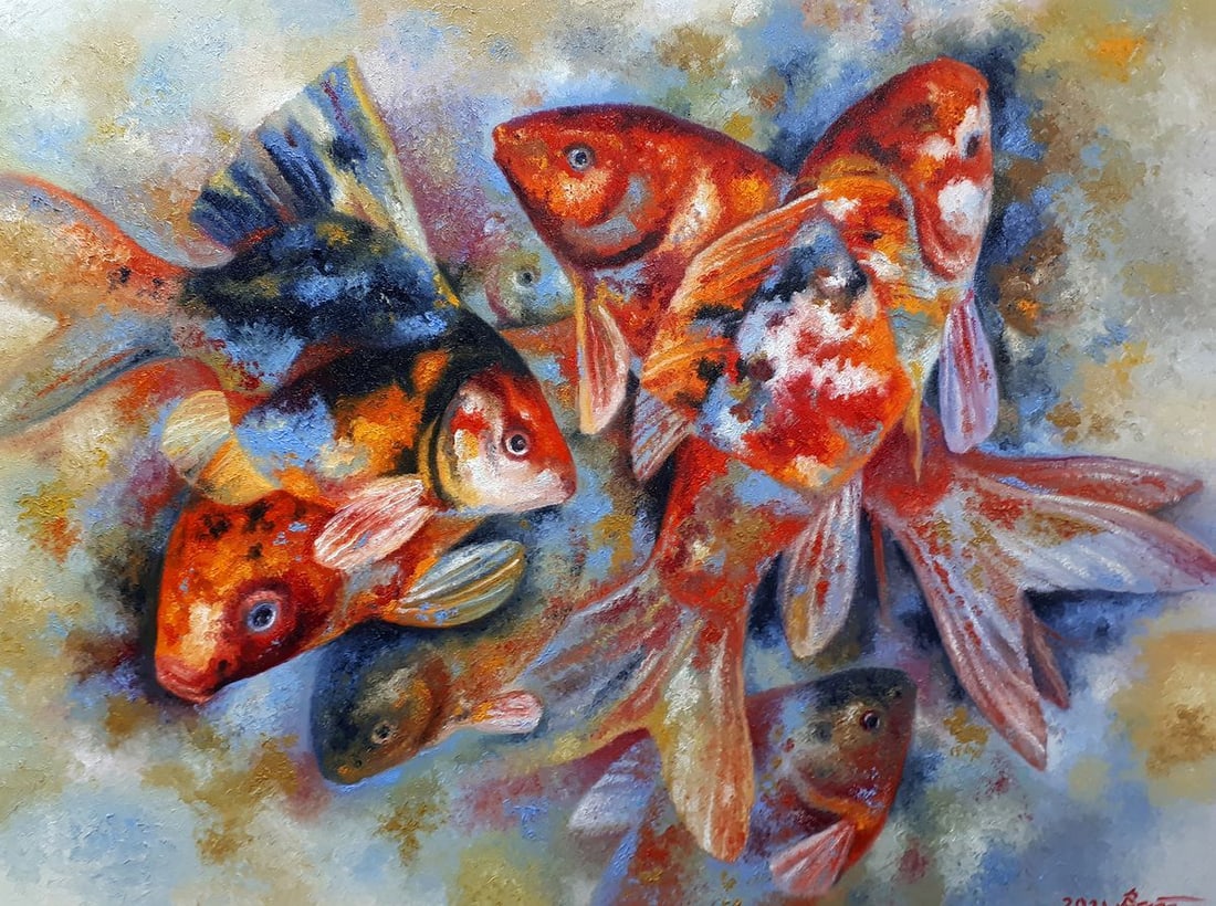 Oil painting Seven goldfish Sergey Voichenko: NoVoich 81"Seven Goldfish" is an expressive oil painting that captures the vibrant life and movement of aquatic creatures. The composition swirls with the dynamic grace of seven goldfish, each