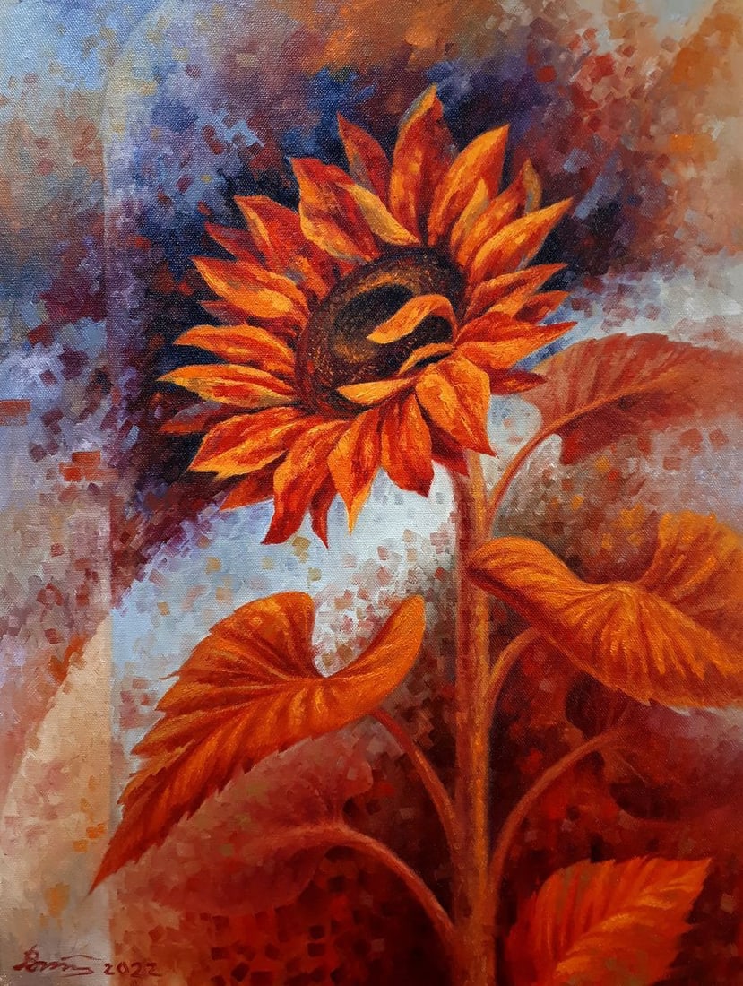 Oil painting Sunflowers in orange Sergey Voichenko: NoVoich 83"Sunflowers in Orange" is an enchanting oil painting that captures the essence of sunflowers through an abstract lens. The canvas is dominated by a central sunflower, its fiery petals