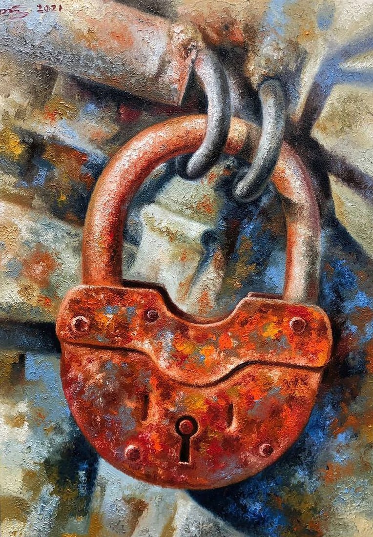 Oil painting Old castle Sergey Voichenko: NoVoich 86This abstract oil painting, titled "Old Castle," is a close-up portrayal of a weathered padlock, likely a metaphor for the secrets or stories held within an ancient castle's walls. The padlo