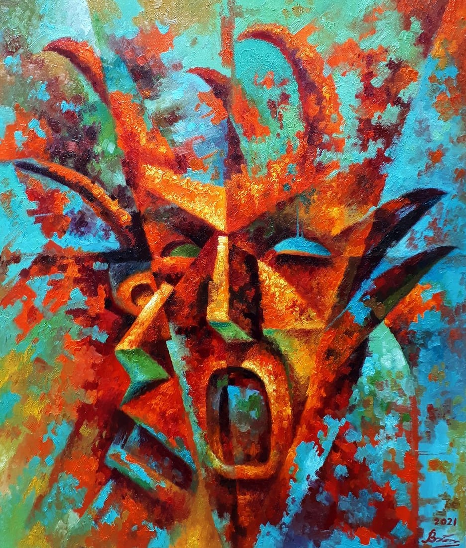 Oil painting Your demons Sergey Voichenko: NoVoich 88"Your Demons" is an oil painting that captures the turmoil and vibrancy of inner conflict. The canvas is a tempest of warm colors-fiery reds, deep oranges, and intense yellows-that swirl aro