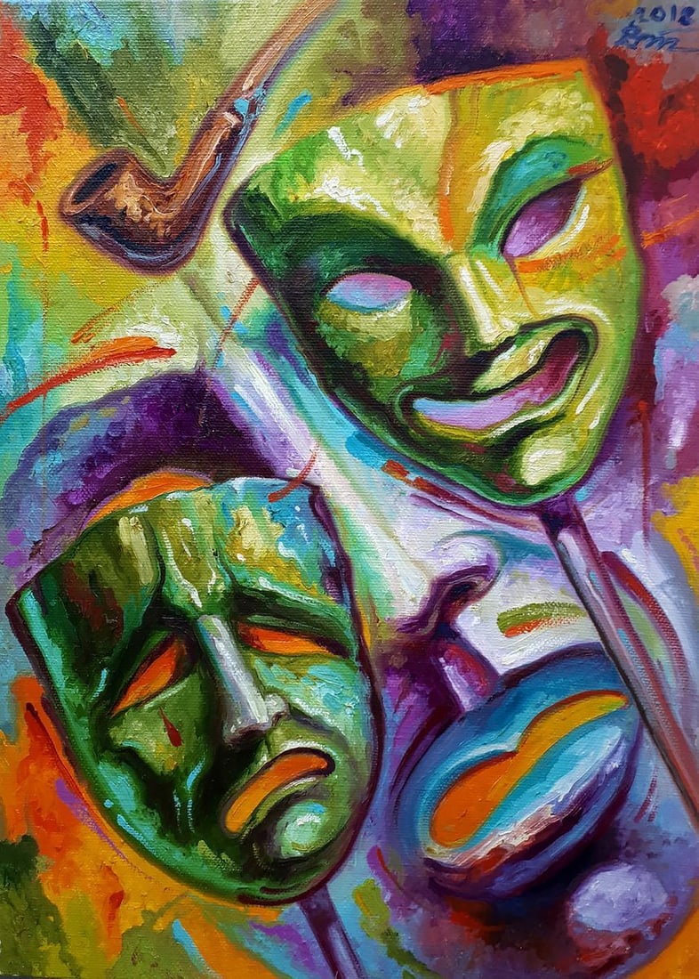 Oil painting Theater masks Sergey Voichenko: NoVoich 89"Theater Masks" is a vivid and expressive oil painting that embodies the duality of comedy and tragedy, a timeless symbol of the theatrical arts. The canvas is alive with a riot of colors,