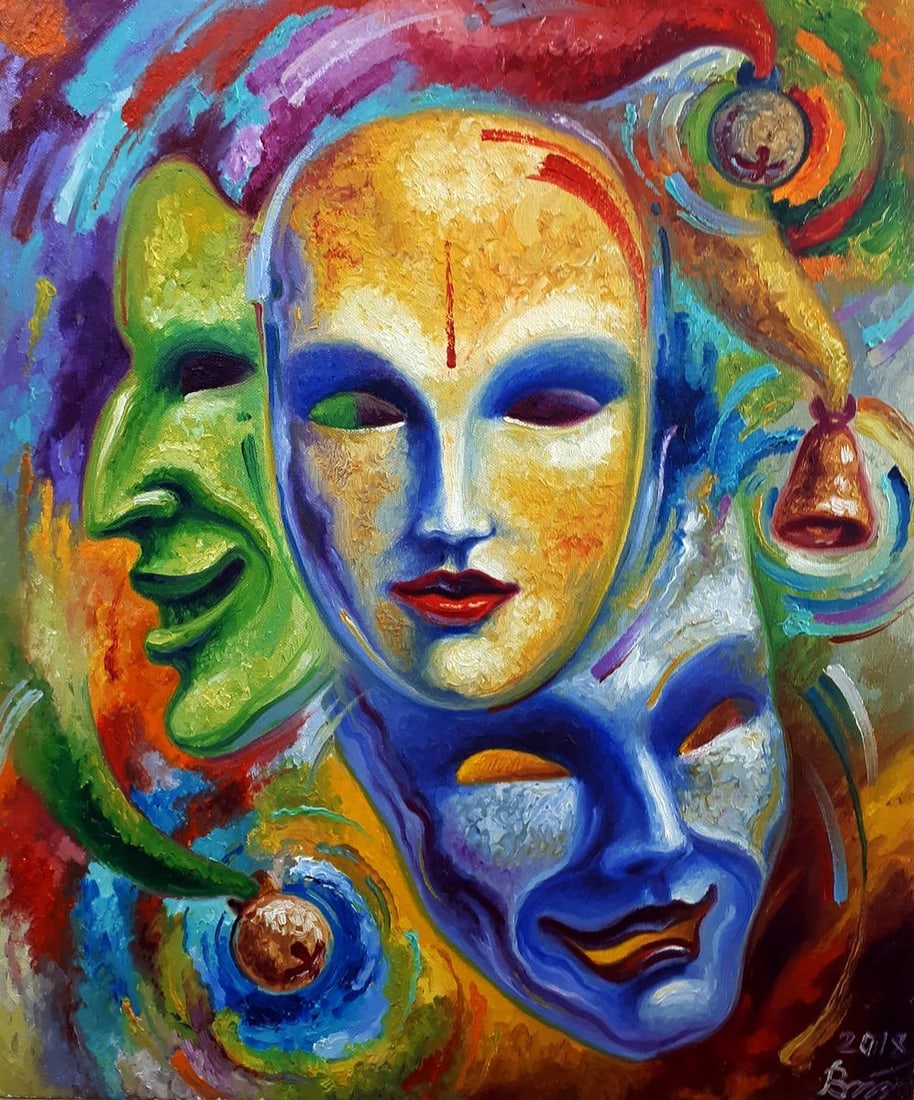 Oil painting Three masks Sergey Voichenko: NoVoich 92"Three Masks" is an expressive oil painting that delves into the theme of identity and emotion through the use of vibrant colors and abstract forms. The painting features three stylized face