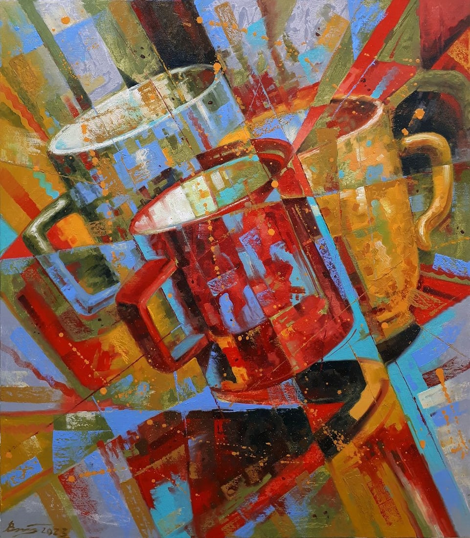Oil painting Three cups Sergey Voichenko: NoVoich 93"Three Cups" is a captivating abstract oil painting that utilizes a rich palette of reds, yellows, and blues to create a dynamic and warm composition. The three central figures, which appear