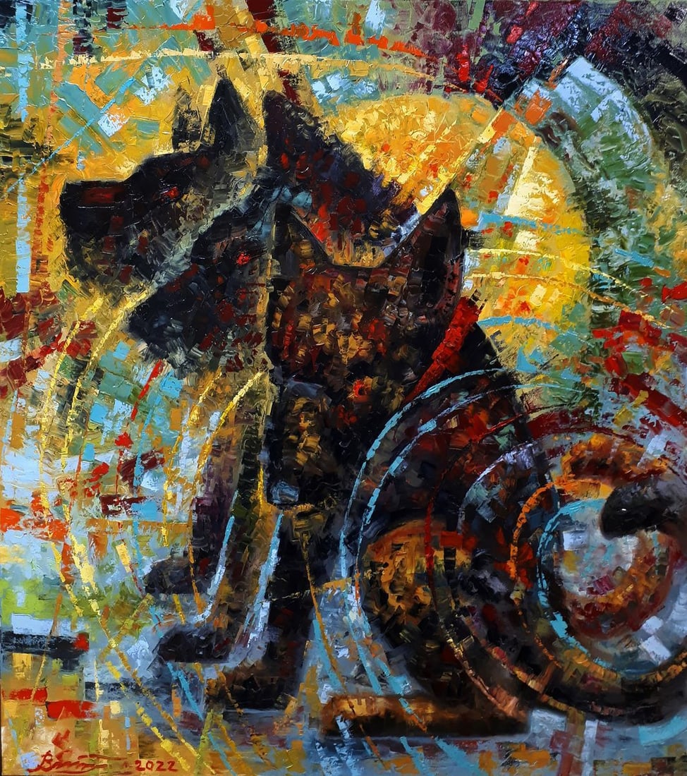 Oil painting The tail wags the dog Sergey Voichenko: NoVoich 97"The Tail Wags the Dog" is an abstract oil painting that captures the playful essence of the saying through a dynamic and textured portrayal of a dog. Dominated by warm yellows, rich browns,
