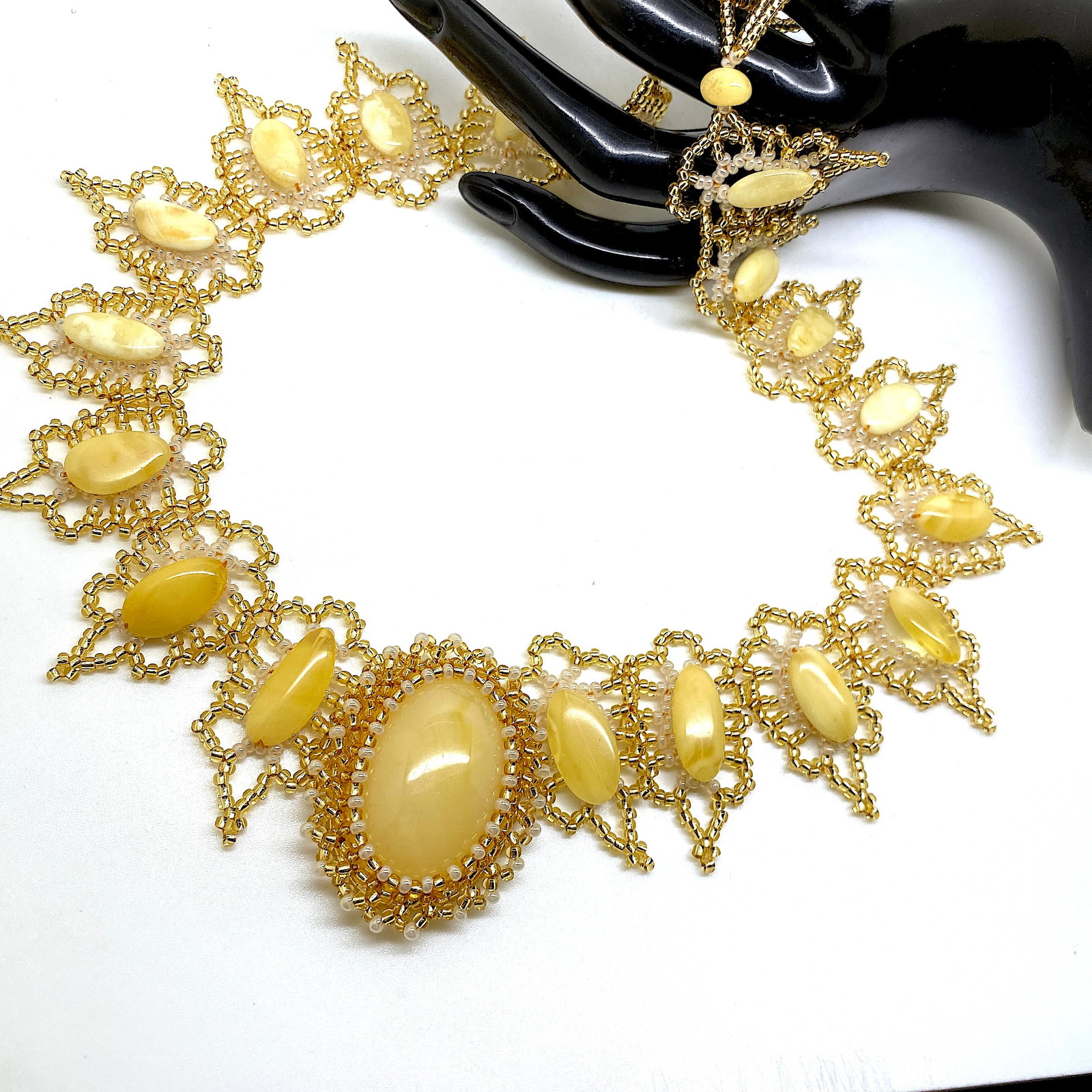 Alluring Amber Floral Necklace made from leaf like bead ornaments - 5