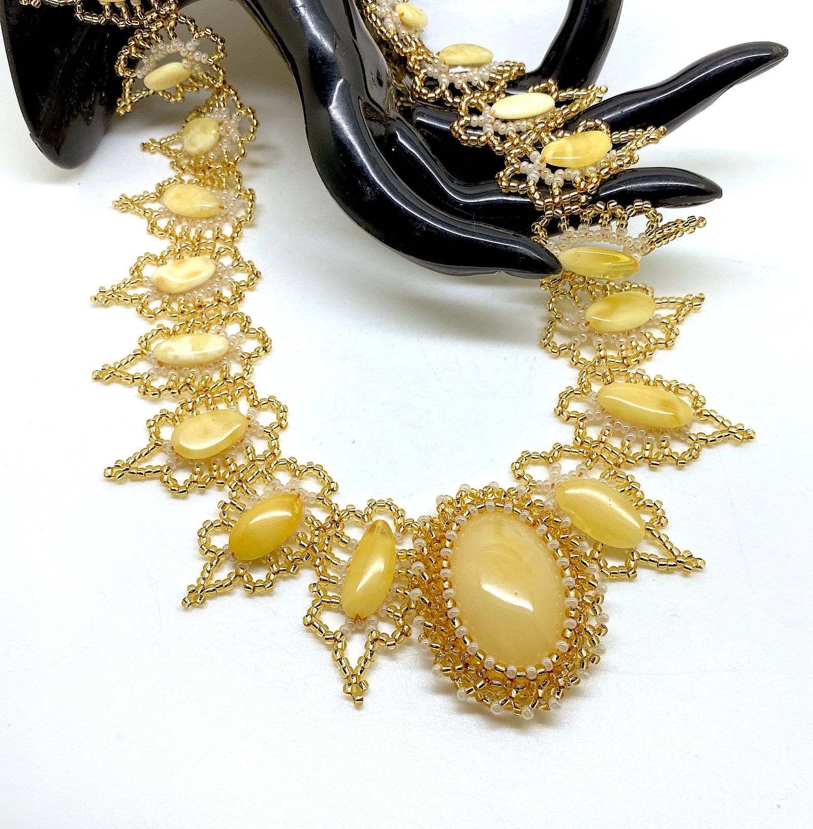 Alluring Amber Floral Necklace made from leaf like bead ornaments - 6