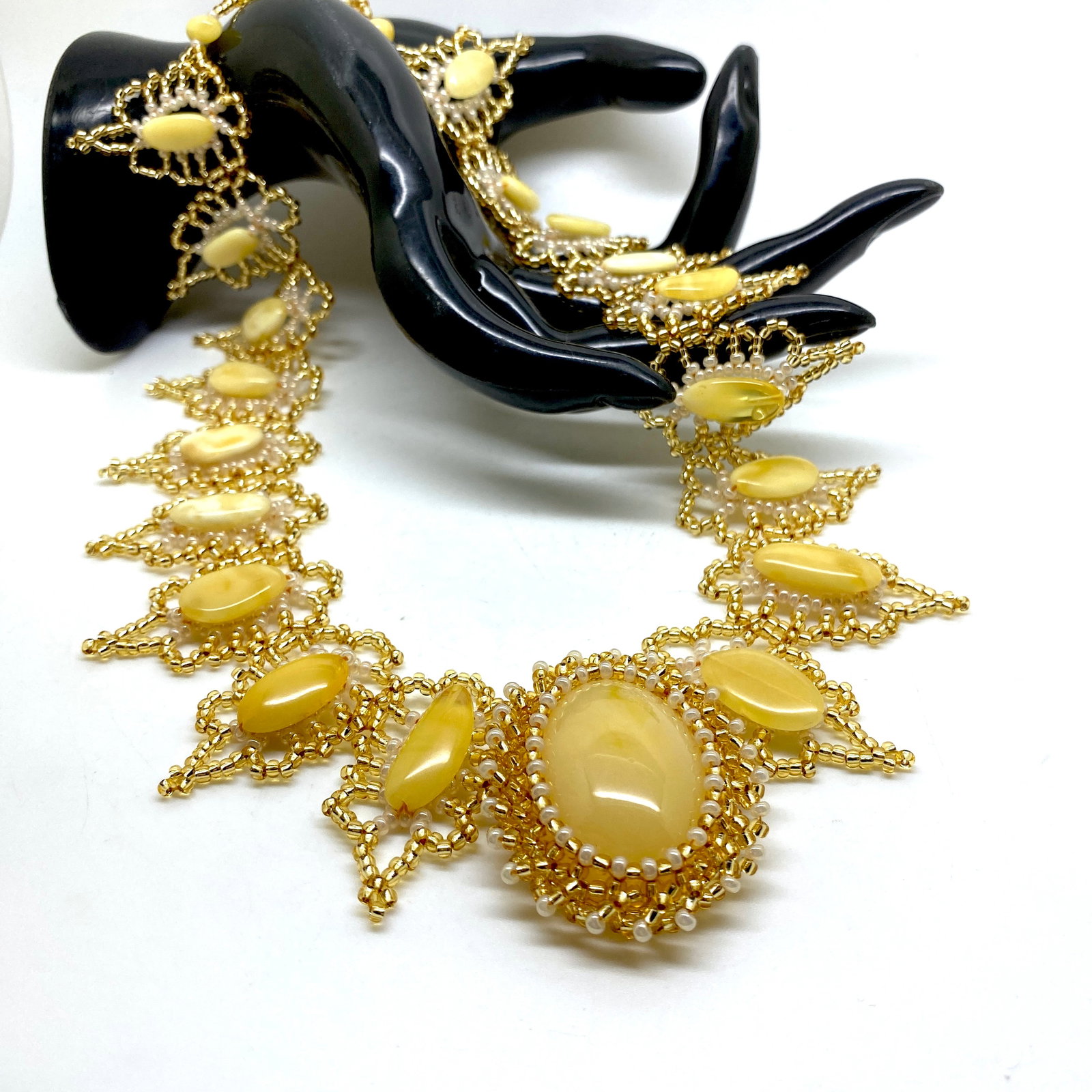 Alluring Amber Floral Necklace made from leaf like bead ornaments - 7