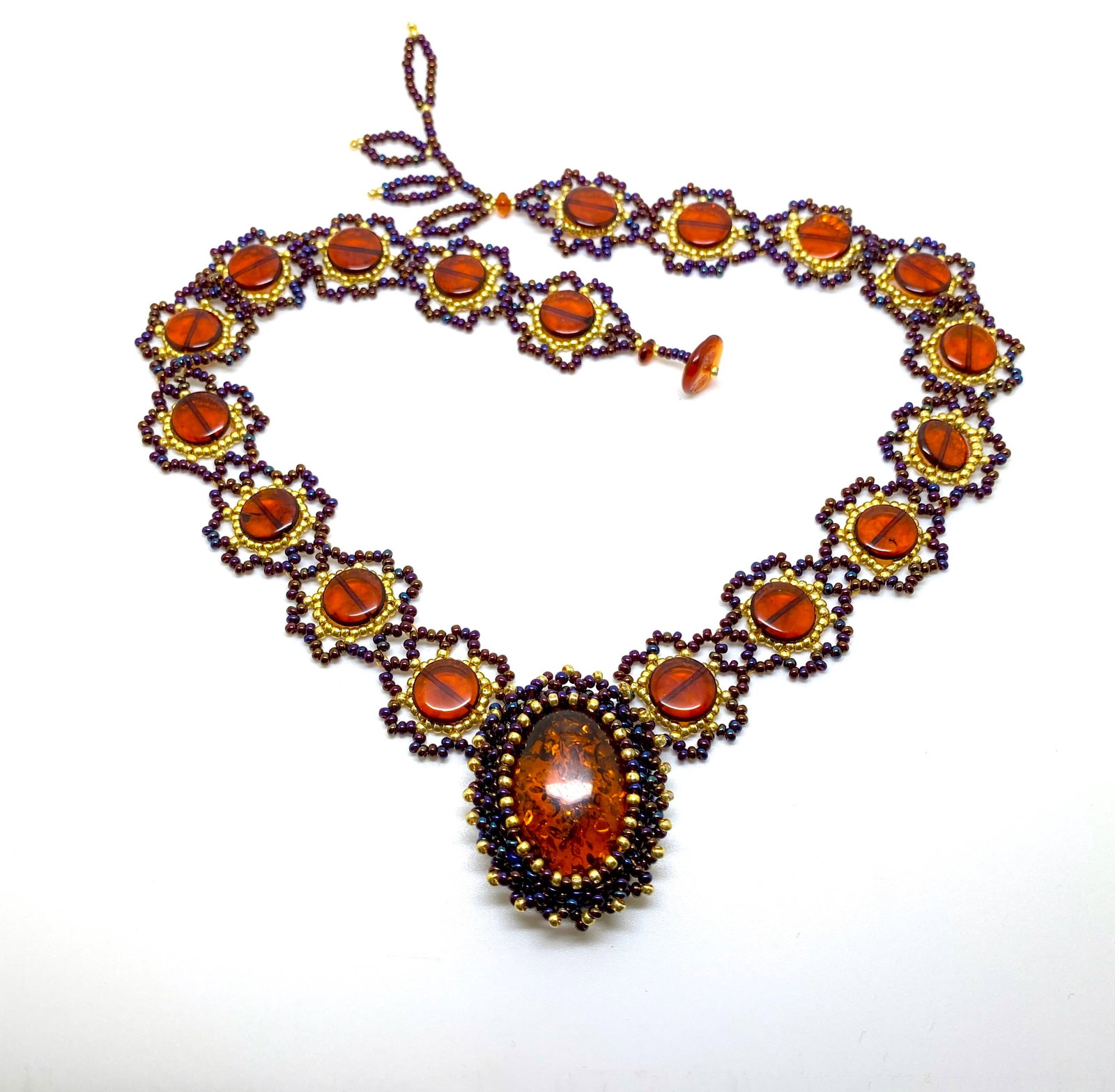 Unique and Grand Amber Floral Necklace made from leaf like bead ornaments - 2