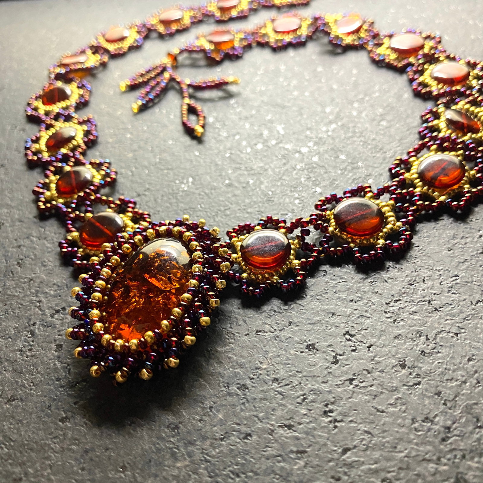 Unique and Grand Amber Floral Necklace made from leaf like bead ornaments - 5