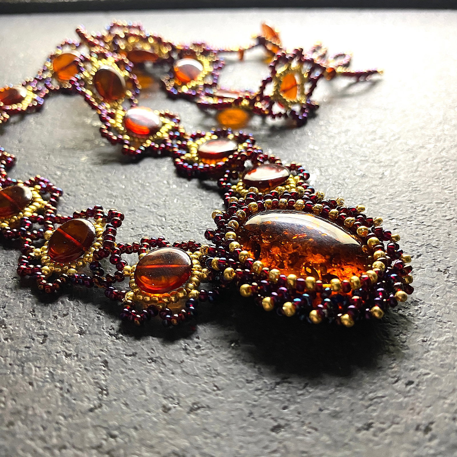 Unique and Grand Amber Floral Necklace made from leaf like bead ornaments - 6