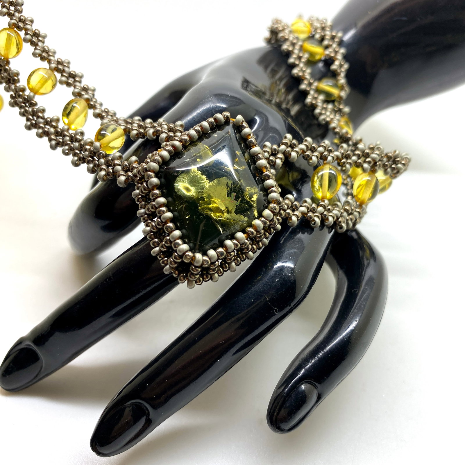 Antique Amber Floral Choker made from leaf like bead ornaments - 6