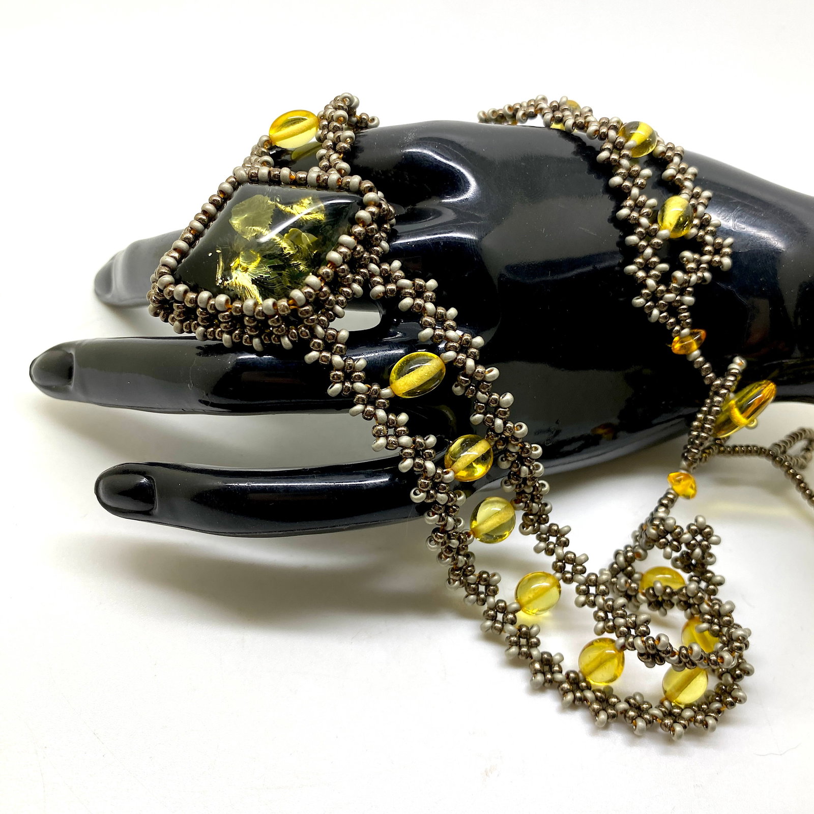 Antique Amber Floral Choker made from leaf like bead ornaments - 8