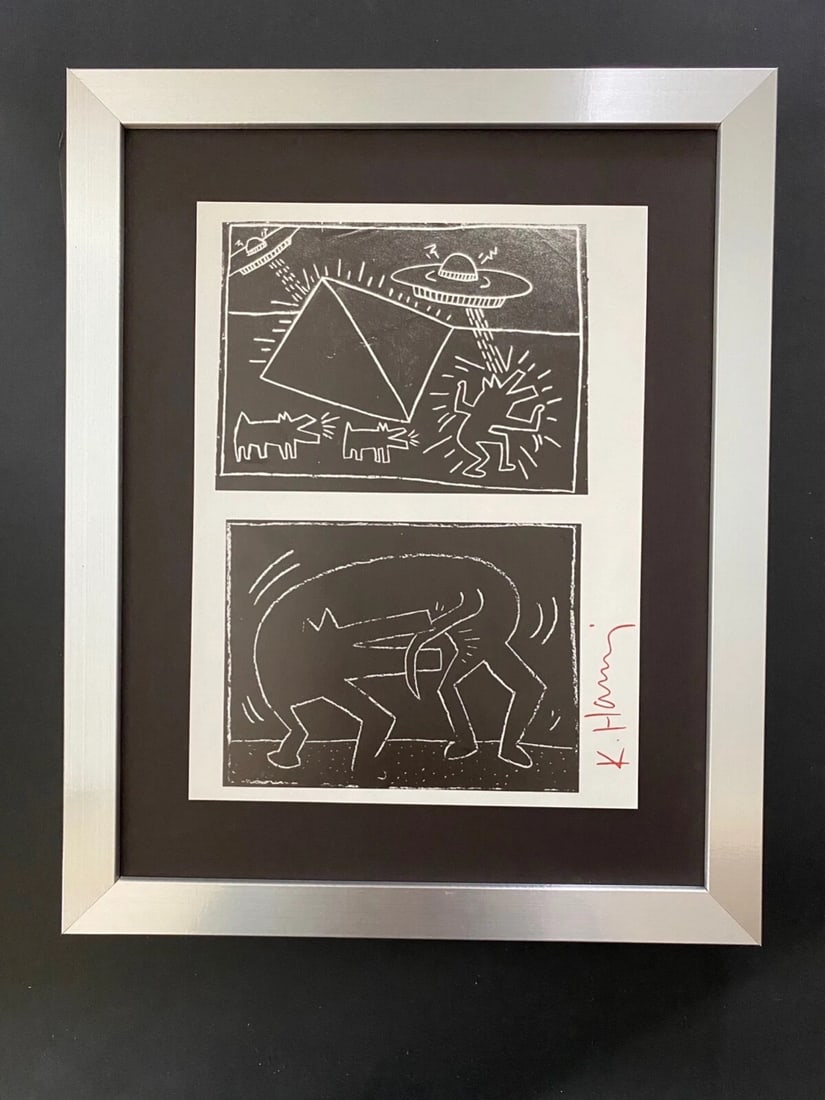 KEITH HARING + SIGNED VINTAGE PRINT FRAMED: This is a Beautiful and Scarce Vintage 1989 Print after Keith Haring FACSIMILE SIGNED IN RED INK Print is about 10x8in. Mounted and Framed covering an area of 15x12 in. Printed in Bond Paper after the