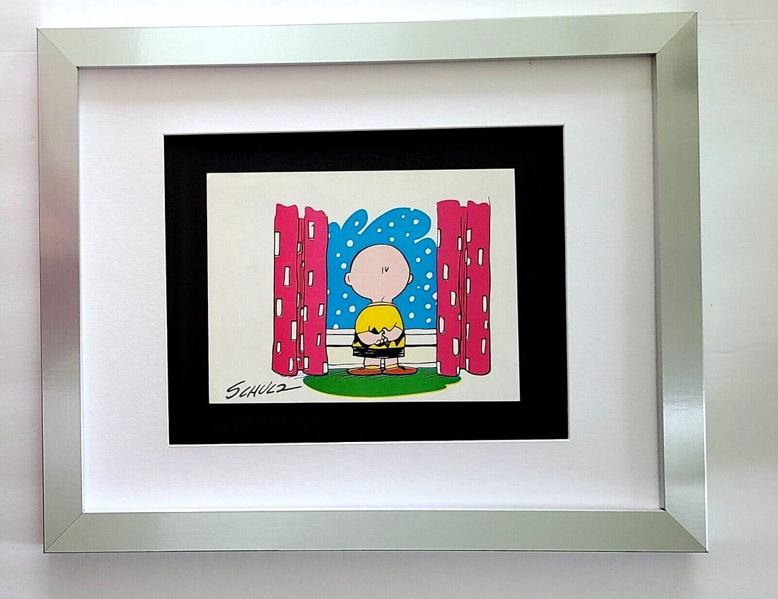 Charles Schulz Snoopy Peanuts Signed 1968 Christmas Cartoon Print Framed O: WE HAVE FOR SALE TODAY THIS BEAUTIFUL VINTAGE 1968 OFFSET LITHOGRAPH AFTER CHARLES M. SCHULTZ " CHRISTMAS PEANUTS CARTOON " FACSIMILE SIGNED IN INK THIS ART PRINT IS MATTED AND MOUNTED ON A 14 X 11 IN