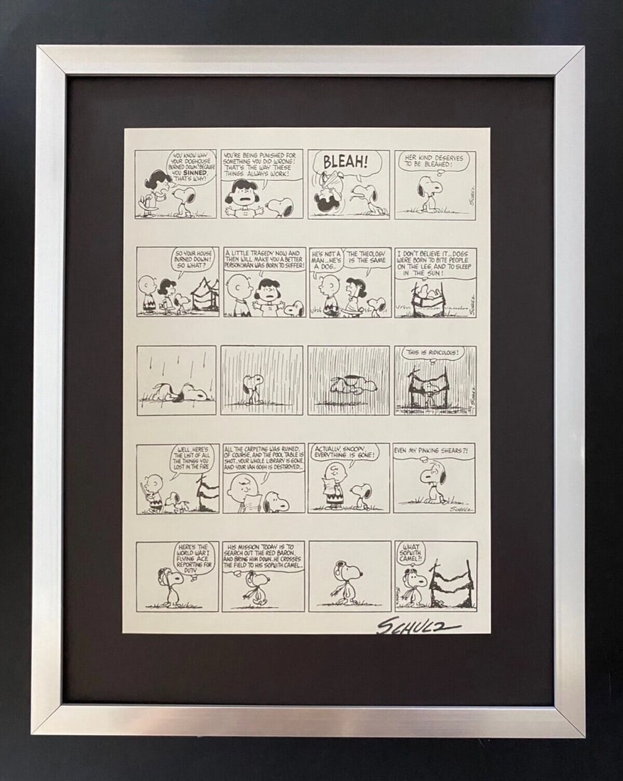 Charles Schulz Snoopy Peanuts 1968 Signed Vintage Print New Frame: WE HAVE FOR SALE TODAY THIS BEAUTIFUL VINTAGE 1968 OFFSET LITHOGRAPH AFTER CHARLES M. SCHULTZ " PEANUTS CARTOON " FACSIMILE SIGNED IN INK ART PRINT IS ABOUT 11.2 X 8.4IN THIS ART PRINT IS MOUNTED ON A