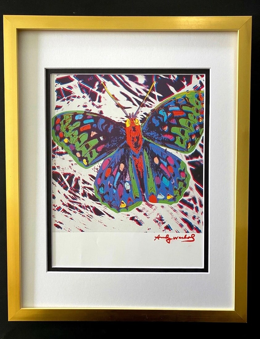 ANDY WARHOL + 1984 SIGNED BUTTERFLY POP ART MATTED AT 11X14: This is a Beautiful and Scarce 1984 Print by Andy Warhol " BUTTERFLY" FACSIMILE SIGNED IN RED INK Matted to be Framed at Home on your Favorite 11 x 14 NOTE: THE FRAME IS NOT INCLUDED IN THE AUCTION. I