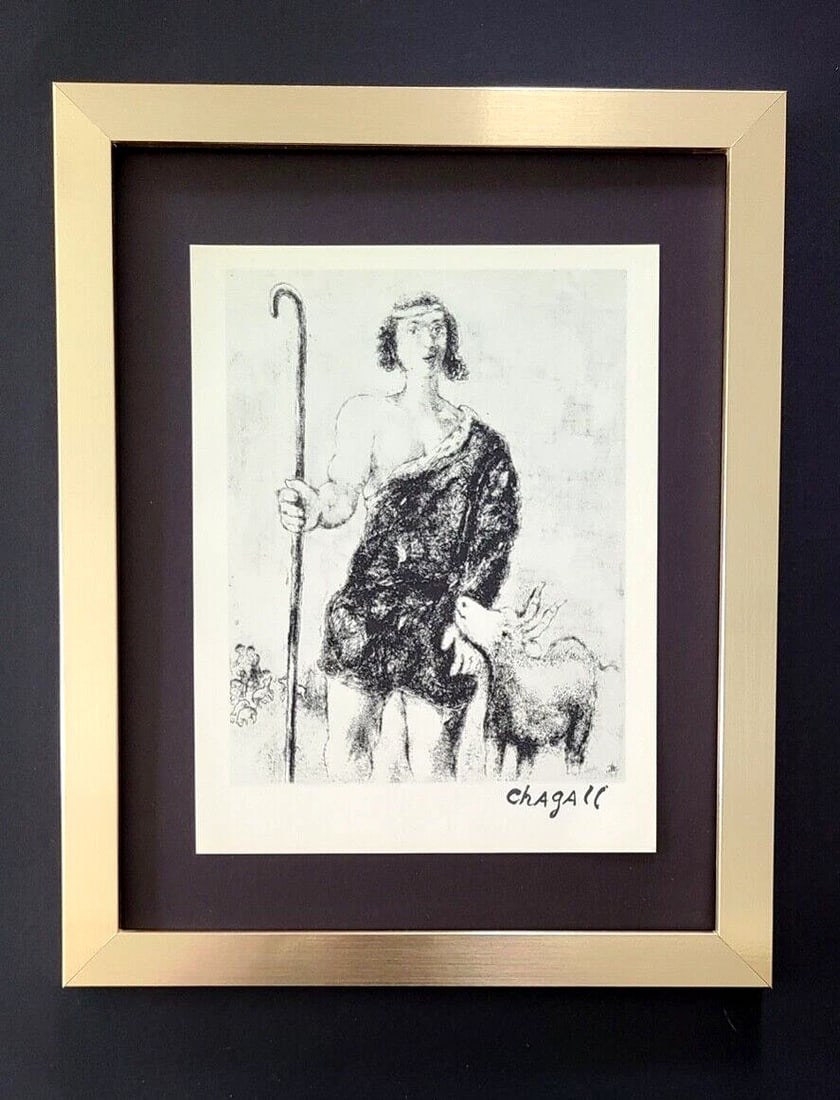MARC CHAGALL + 1957 BIBLICAL SIGNED PRINT MOUNTED IN NEW FRAME: This is a Beautiful and Scarce 1957 Print after MARC CHAGALL FACSIMILE INK SIGNED From his Lithographs Collection Mounted in an acid free black board and Framed Covering an area of 15x12in. Printed in