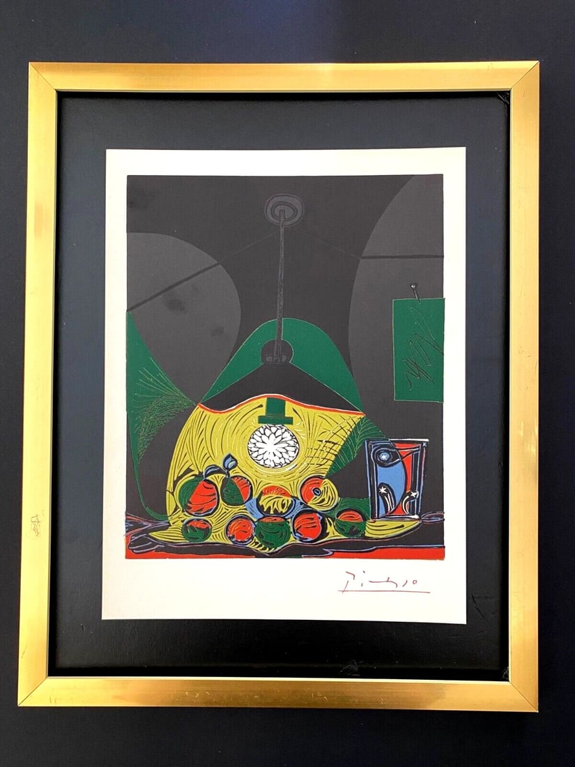PABLO PICASSO 1962 SIGNED SUPERB LINOCUT MOUNTED AND FRAMED: This is a Beautiful and Scarce 1962 Linocut after PABLO PICASSO " Still Life " FACSIMILE INK SIGNED from His Engravings and Linocuts Collection Linocut size is about 10x8in Mounted and Framed